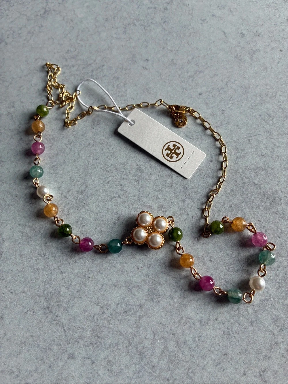 Tory Burch Multicolor Beaded Pearl Floral Gold Tone Necklace NWOT